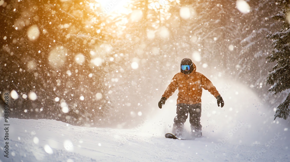 Canvas Prints A snowboarder rides through the snow in a forest.