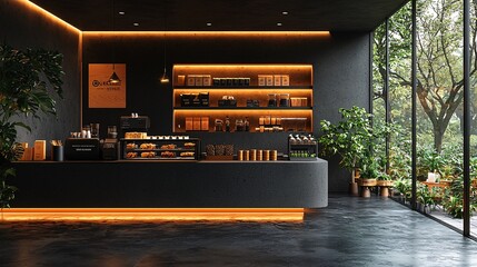 Modern cafe with dark tones, a central island, low-hanging lights, and a bold mockup wall for signage