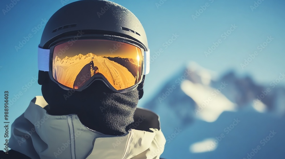 Wall mural A person wearing a ski helmet and goggles stands on a snowy mountaintop, with a stunning view of the peaks in the distance.