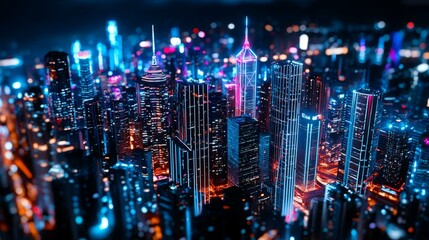 Obraz premium Vibrant city skyline illuminated at night with colorful lights and modern skyscrapers.