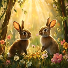 Fototapeta premium Curious Rabbits Exploring Enchanted Meadow with Delicate Wildflowers and Sunbeams
