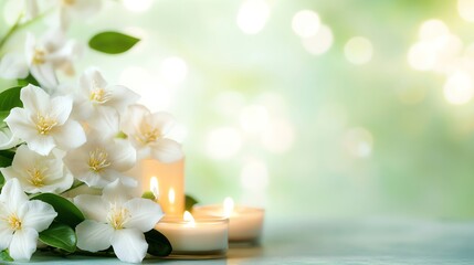 White flowers with candles on a soft green bokeh background.