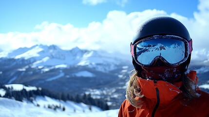 A person wearing a ski helmet and goggles stands on a snowy mountaintop, with a stunning view of the peaks in the distance.