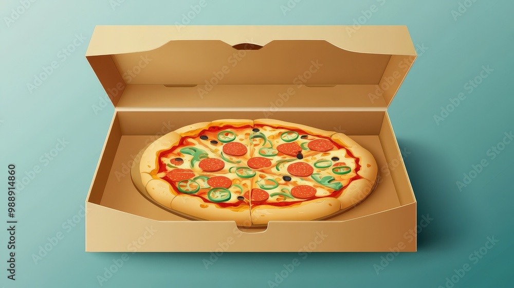 Poster pizza box mock-up with colorful flat vector design and delicious pizza inside on transparent backgro