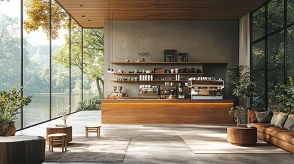 Modern cafe space with open cooking area on the island, large windows, and a customizable mockup wall
