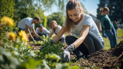 Friendly community service event with volunteers providing aid in a local park, showcasing a sense of unity and communal effort