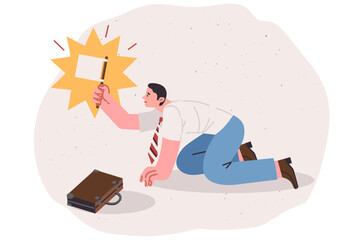 Business man suffered defeat in competition for job and is showing white flag, asking for mercy