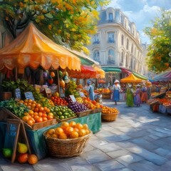 Fototapeta premium Vibrant Autumn Impressionist Street Market with Friendly Vendors and Lush Produce
