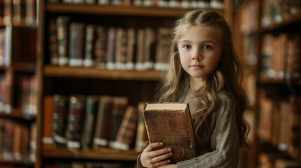 Portrait of a girl holding a book in a library
