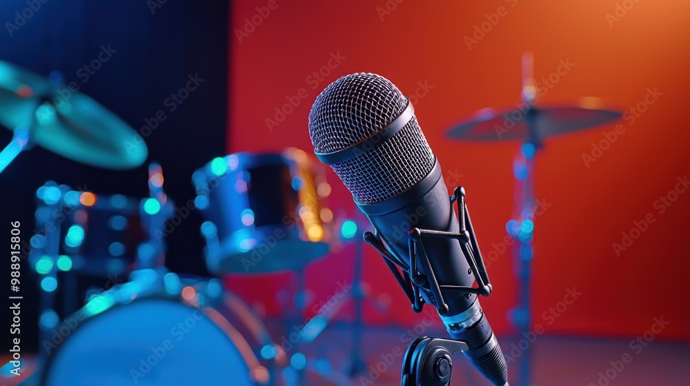 Poster dynamic microphone with drums in background