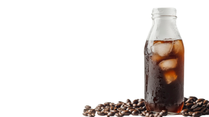 A refreshing glass of cola with ice in a brown bottle