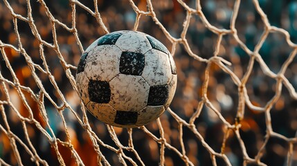 A soccer ball in the back of the net.