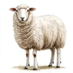 Fototapeta premium A fluffy sheep standing gracefully, white isolate background.