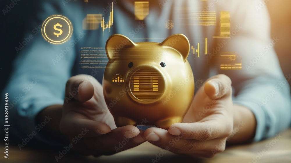 Poster a person holds a golden piggy bank while analyzing financial data with charts and graphs in a modern