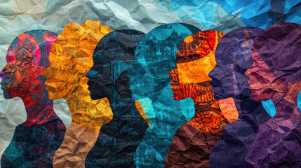 A series of overlapping human profiles in crumpled paper textures, each profile distinguished by unique cultural patterns and vibrant colors. The background features a