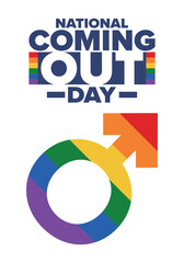 National Coming Out Day. Happy holiday. Pride month. LGBT rainbow flag. Diversity and equality. Gay and lesbian. Free love, heart shape. Illustration. Vector poster