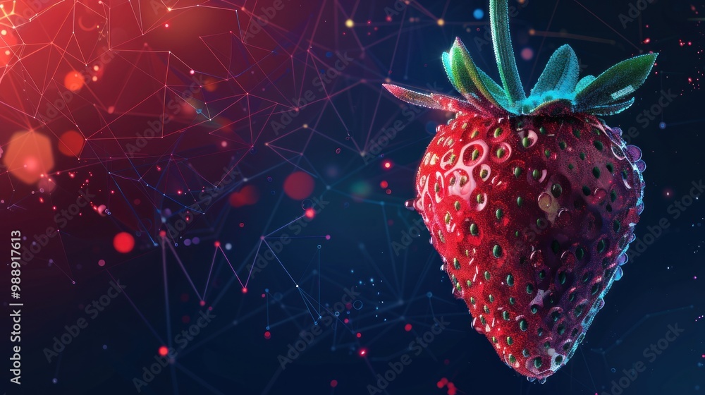 Wall mural strawberries, one berry from futuristic polygonal red lines and glowing stars for banner, poster, gr