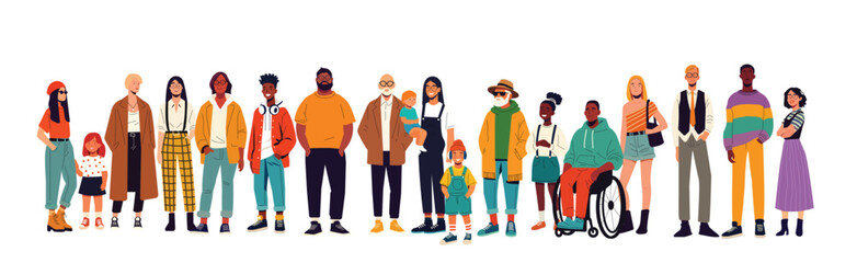 Big group of diverse people joined with happiness. Disabled and different persons. Social diversity, relationship, human resorces, large family group.	
