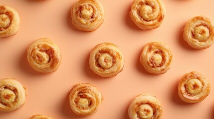 Fototapeta premium A flat lay of golden, spiraled pastry snacks on a soft peach background.