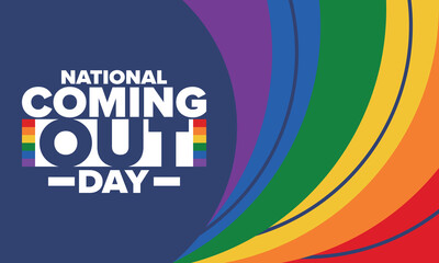 National Coming Out Day. Happy holiday. Pride month. LGBT rainbow flag. Diversity and equality. Gay and lesbian. Free love, heart shape. Illustration. Vector poster