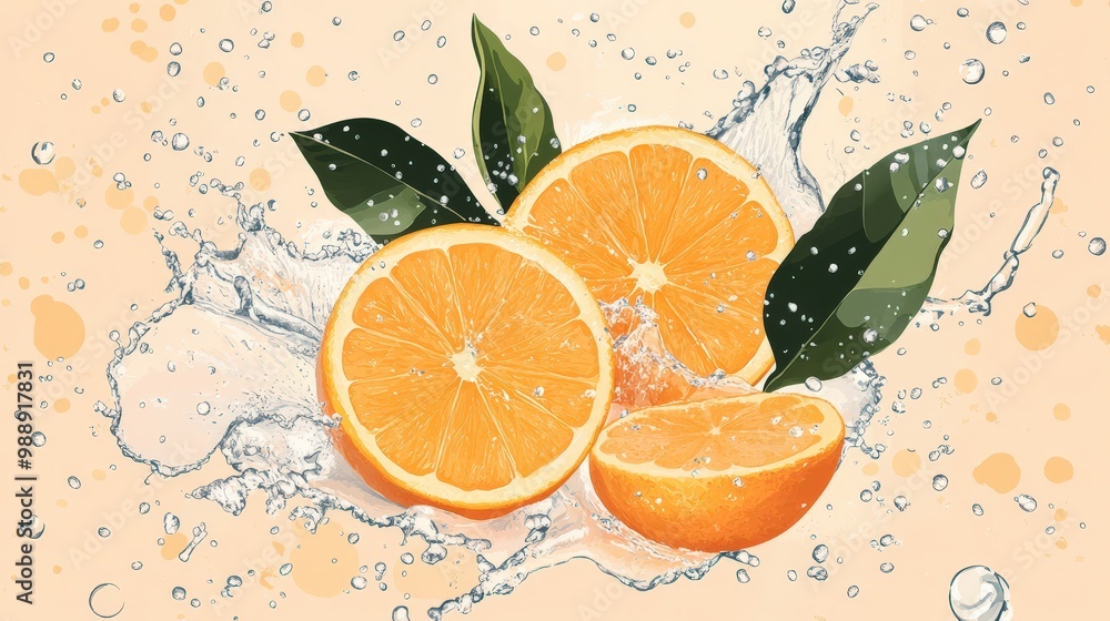 Poster citrus refreshment splash collage in simple 2d vector style on pastel background