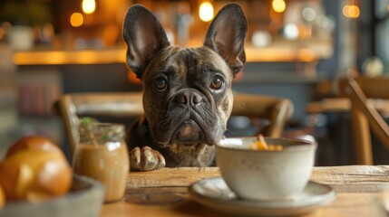 Obraz premium A French Bulldog sits at a table in a cafe, looking intently at a cup of coffee.