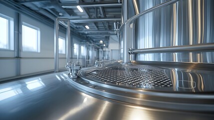 A highly reflective, spotless stainless steel tank, viewed from the open hatch, showcasing a smooth, clean interior with subtle light reflections. Industrial setting