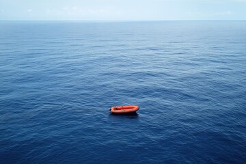 Fototapeta premium A red life raft floats in the ocean. The photo can be used to depict survival, hope, and the vastness of the sea.