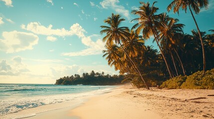 Obraz premium Coastal oasis: A serene beach scene, featuring lush palm trees, soft white sand, and bright sunshine against a backdrop of vibrant blue sky.