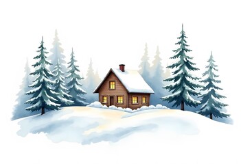 Winter Christmas landscape with country house, snow and trees isolated on white background. Watercolor hand drawn illustration
