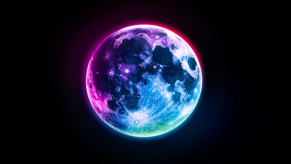 Fototapeta premium Neon sign in the shape of a moon on a dark brick wall