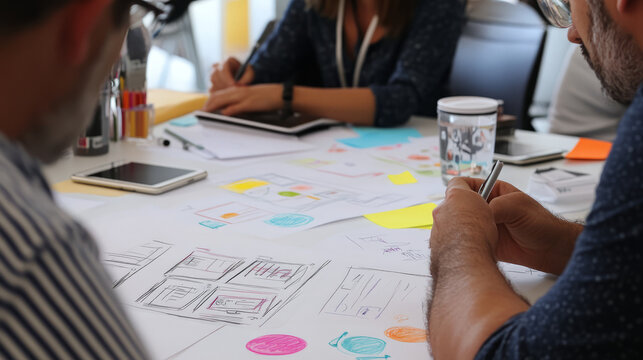 A creative team sketching ideas for a disruptive new product during a design sprint