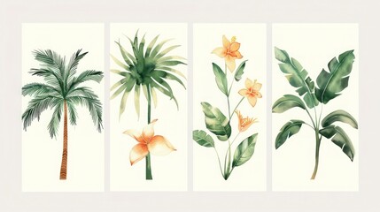 Obraz premium Aesthetic 4-pack wall art collection with delicate watercolor illustrations of palm trees, banana plants, monstera leaves, and a tropical flower.