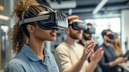 A group of innovators using virtual reality devices to test new concepts in a lab
