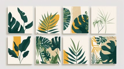 Collection of 6 botanical prints showcasing abstract tropical plant designs in shades of green, beige, and yellow, perfect for boho wall decor. © Samady