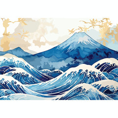 Blue texture background with Japanese wave pattern in vintage style. Abstract landscape banner design with watercolor texture vector.
