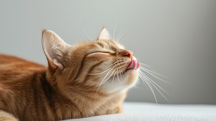 Contented Cat Licking Whiskers After a Meal - Close-Up