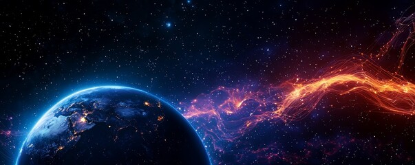 Obraz premium Pulsating Earth, emitting cosmic energy, vibrant waves of sound in the night sky.