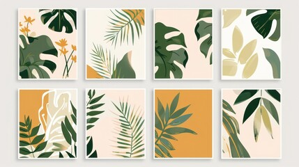 Collection of 6 wall art prints with abstract representations of tropical plants in green, beige, and yellow, including monstera leaves and boho-inspired florals.