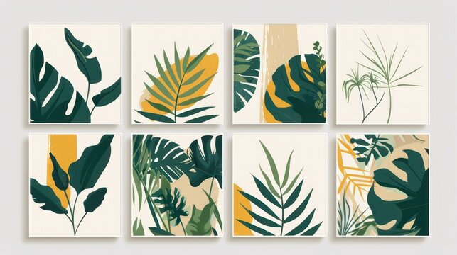 Collection of 6 botanical prints showcasing abstract tropical plant designs in shades of green, beige, and yellow, perfect for boho wall decor.