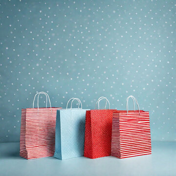 Brightly colored shopping paper bag on a blue background with space for a title.  Deigned for sale Promotion.