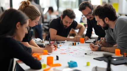 Fototapeta premium A team of designers and engineers creating prototypes for a disruptive product