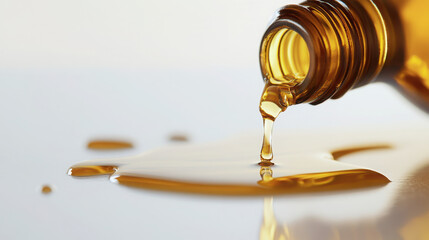 A close-up of an amber bottle pouring liquid onto a surface.