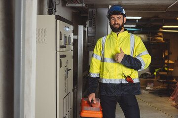 engineering technician Setting up the solar panel inverter in the electrical room Service engineer installs solar cells on factory roofs Concept of clean energy and renewable energy