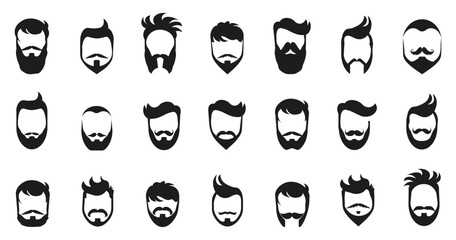 Man beard and haircut emblems icons collection for barbershop. Set of hipster hair style and beards style