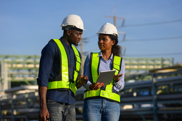Male and female engineers check the drawing system inspection with the real pipe system of the new...