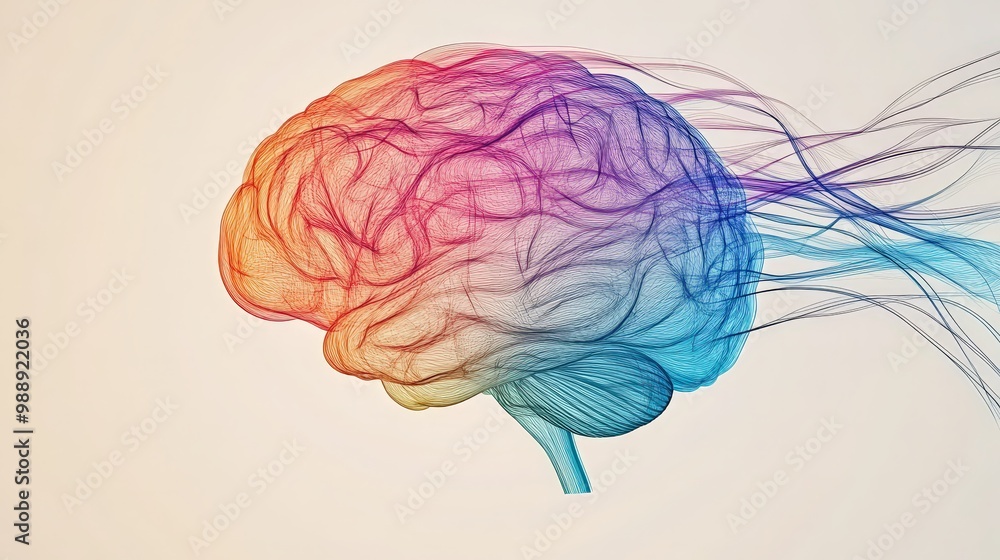 Aufkleber brain model with colorful cables - minimalistic 2d vector illustration on transparent background in 