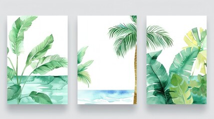 Four-pack wall art collection with a tropical theme, including minimalist watercolor paintings of palm trees, banana leaves, monstera foliage, and a calming sea scene.