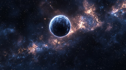 A cosmic scene featuring a glowing planet amidst a starry galaxy backdrop.