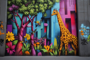 A vibrant urban jungle where colorful graffiti merges with wild animals roaming the streets, showcasing the clash of nature and city life.